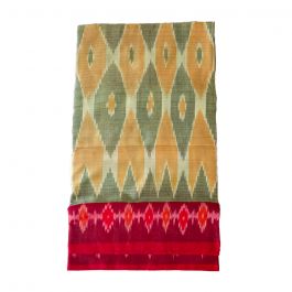 Buy OLIVE GREEN YELLOW MIX MERCERIZED COTTON IKAT SAREE WITH RED BORDER